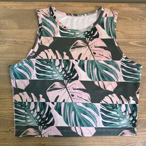 Nike Women's Medium Pink Green Dri Fit Leaf‎ Print Athletic Crop Top Tank Top